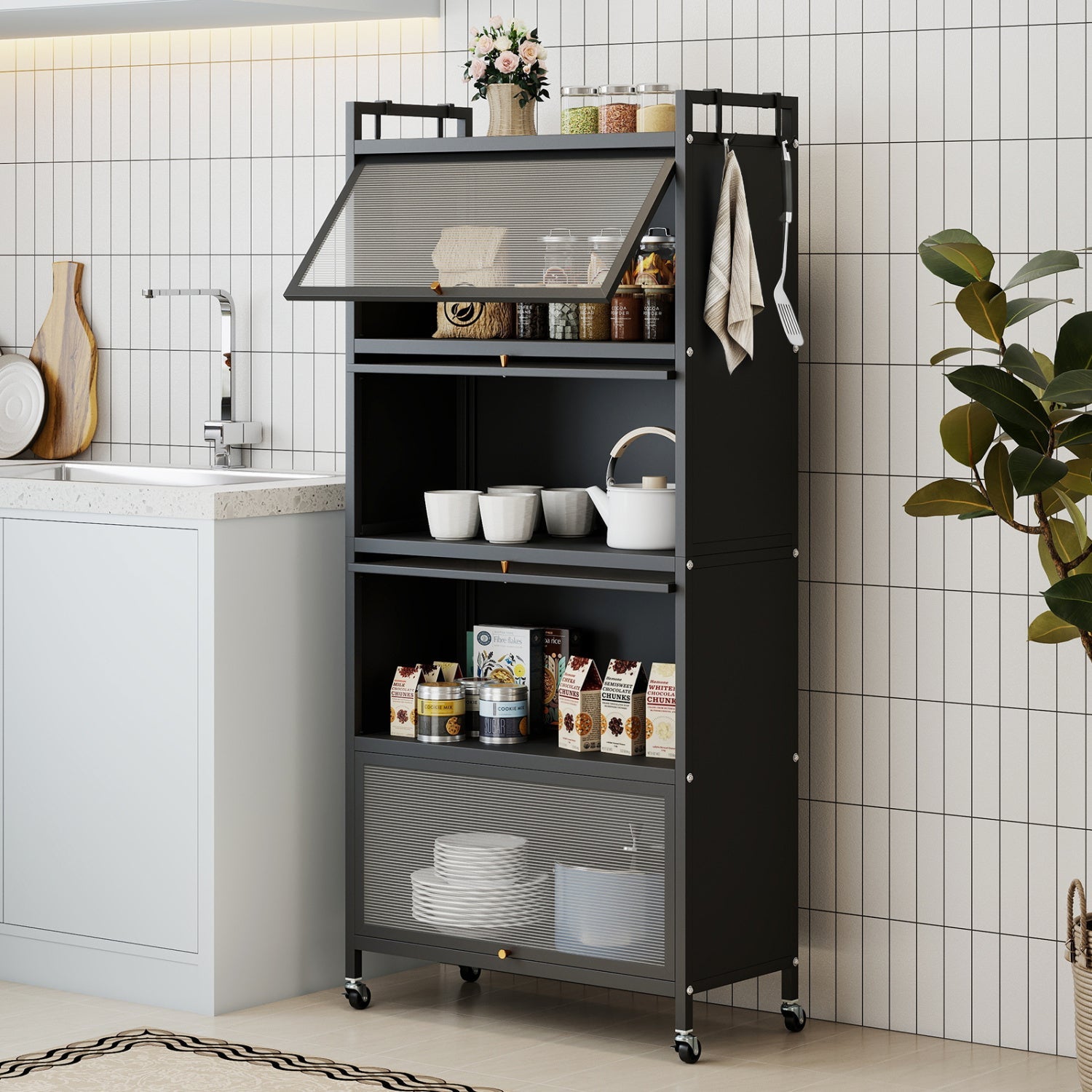 5-Tier Kitchen Storage Cabinet with Rolling Wheels - White