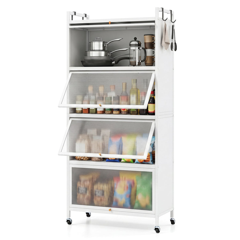 5-Tier Kitchen Storage Cabinet with Rolling Wheels - White
