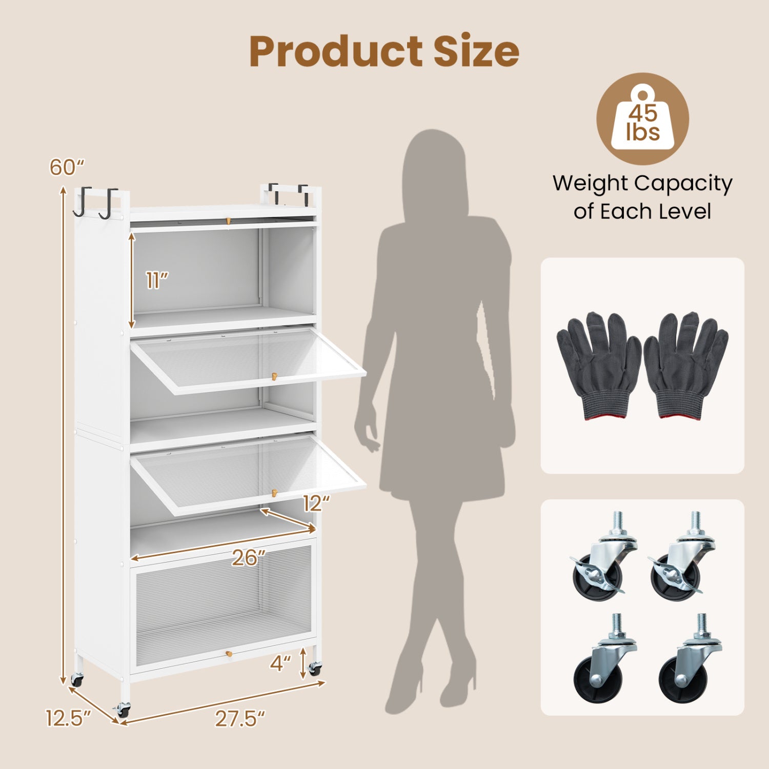5-Tier Kitchen Storage Cabinet with Rolling Wheels - White