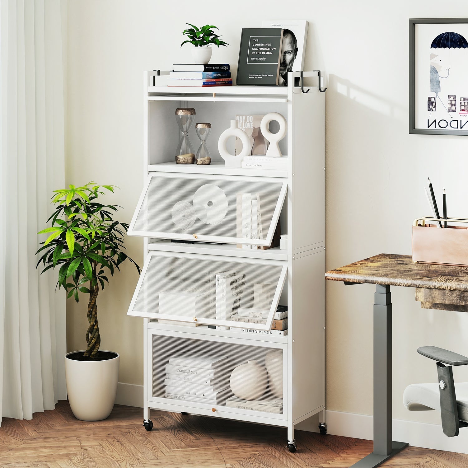 5-Tier Kitchen Storage Cabinet with Rolling Wheels - White