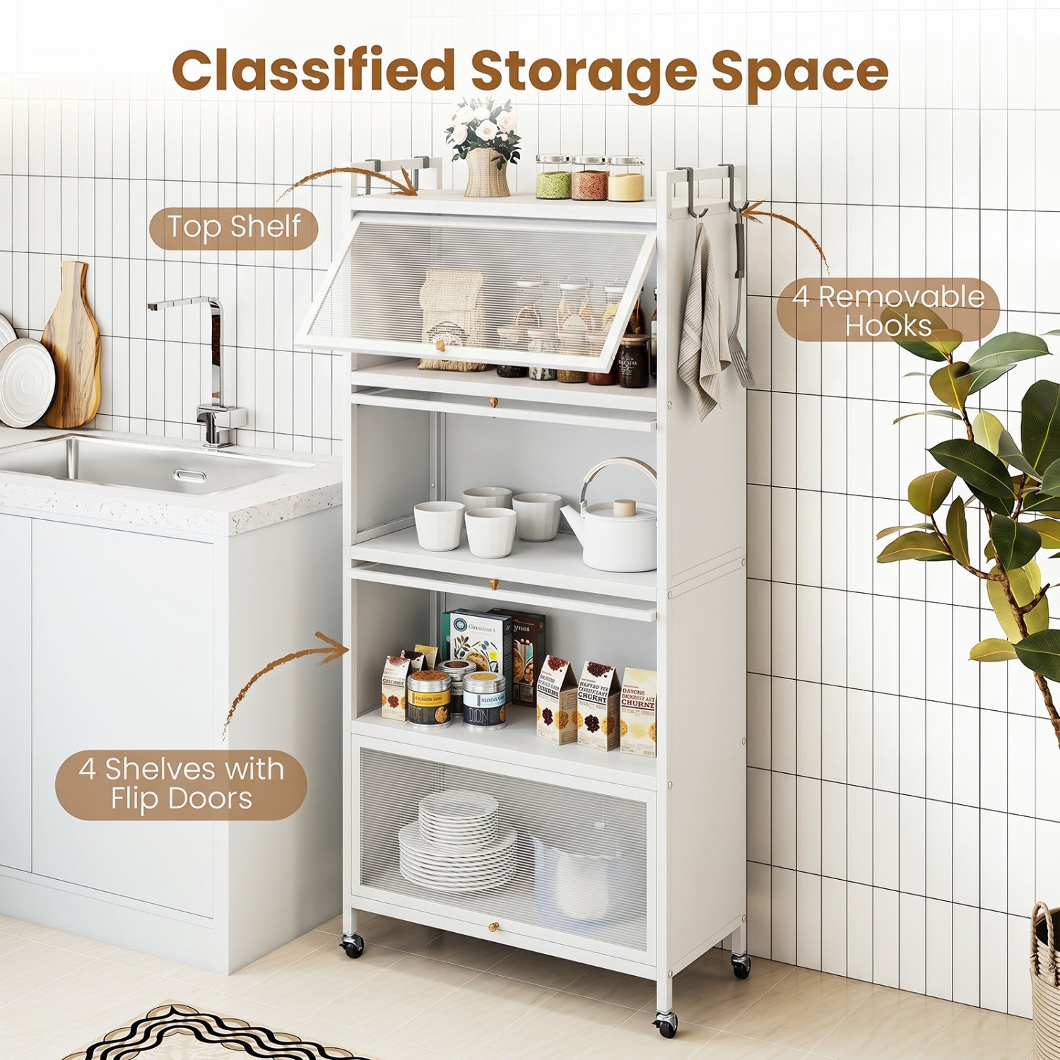 5-Tier Kitchen Storage Cabinet with Rolling Wheels - White