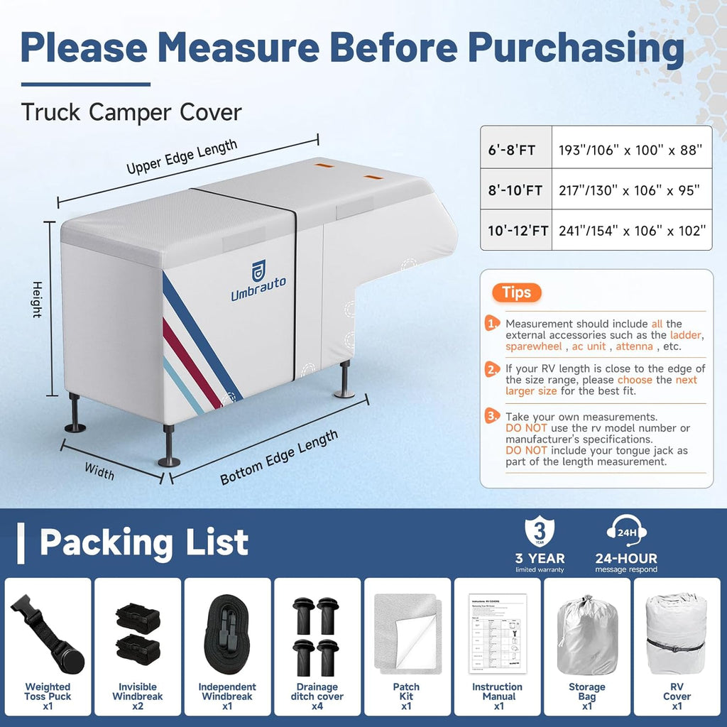Umbrauto Slide-In Truck Camper Cover — 300D Oxford Waterproof RV Cover, Silver-Coated All-Weather Protection with Windproof Straps & Air Vents