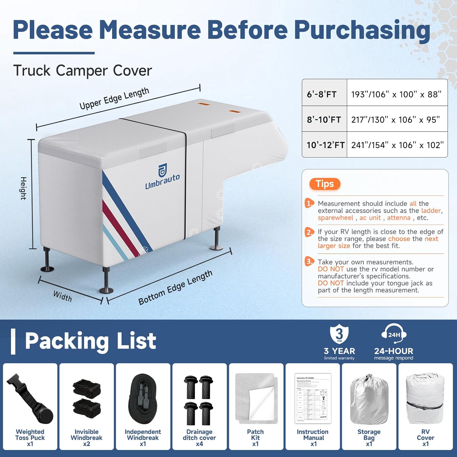 Umbrauto Slide-In Truck Camper Cover — 300D Oxford Waterproof RV Cover, Silver-Coated All-Weather Protection with Windproof Straps & Air Vents