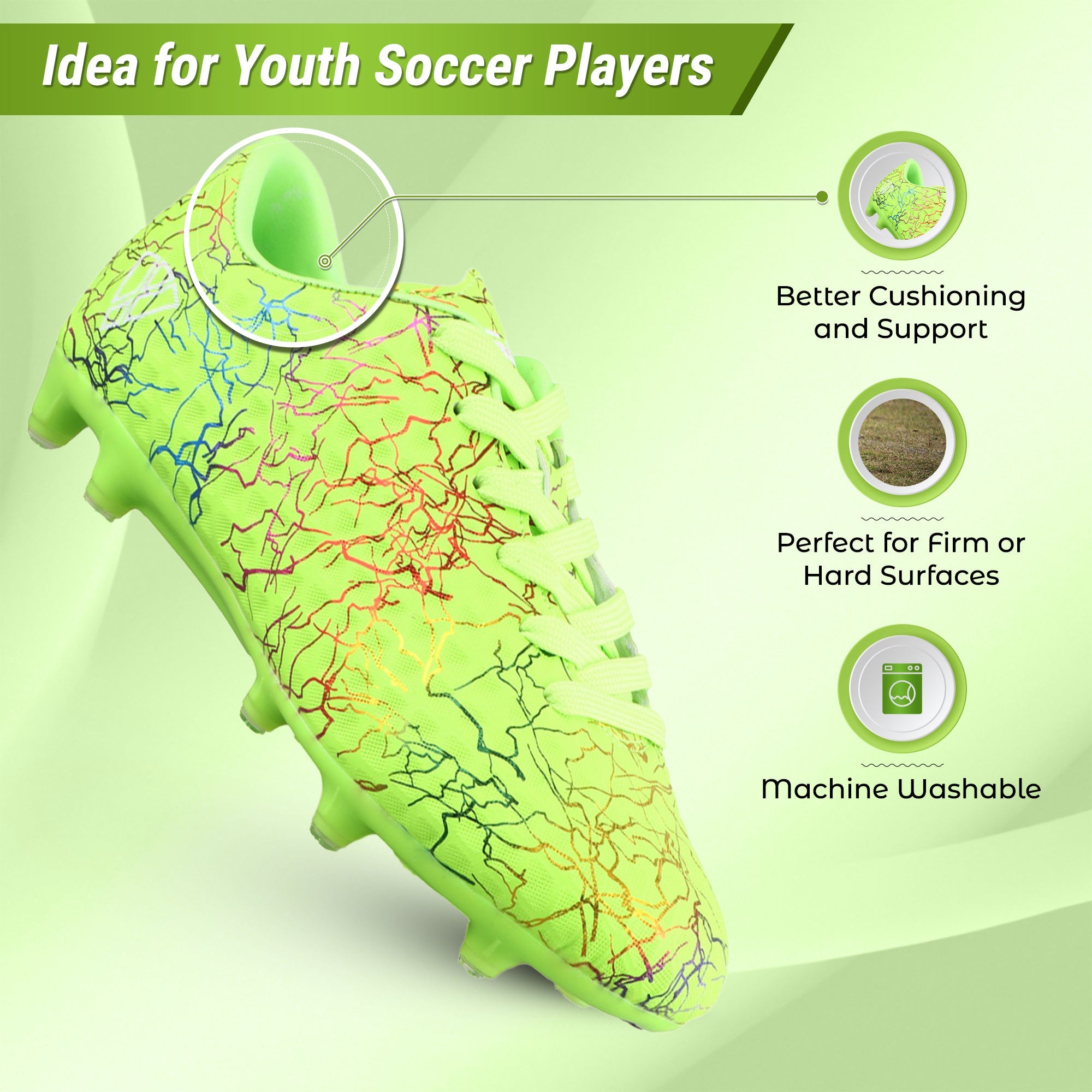 Vizari Zodiac JR Kids Firm Ground (FG) Soccer Cleats – Green, Youth Sizes 8C–6Y