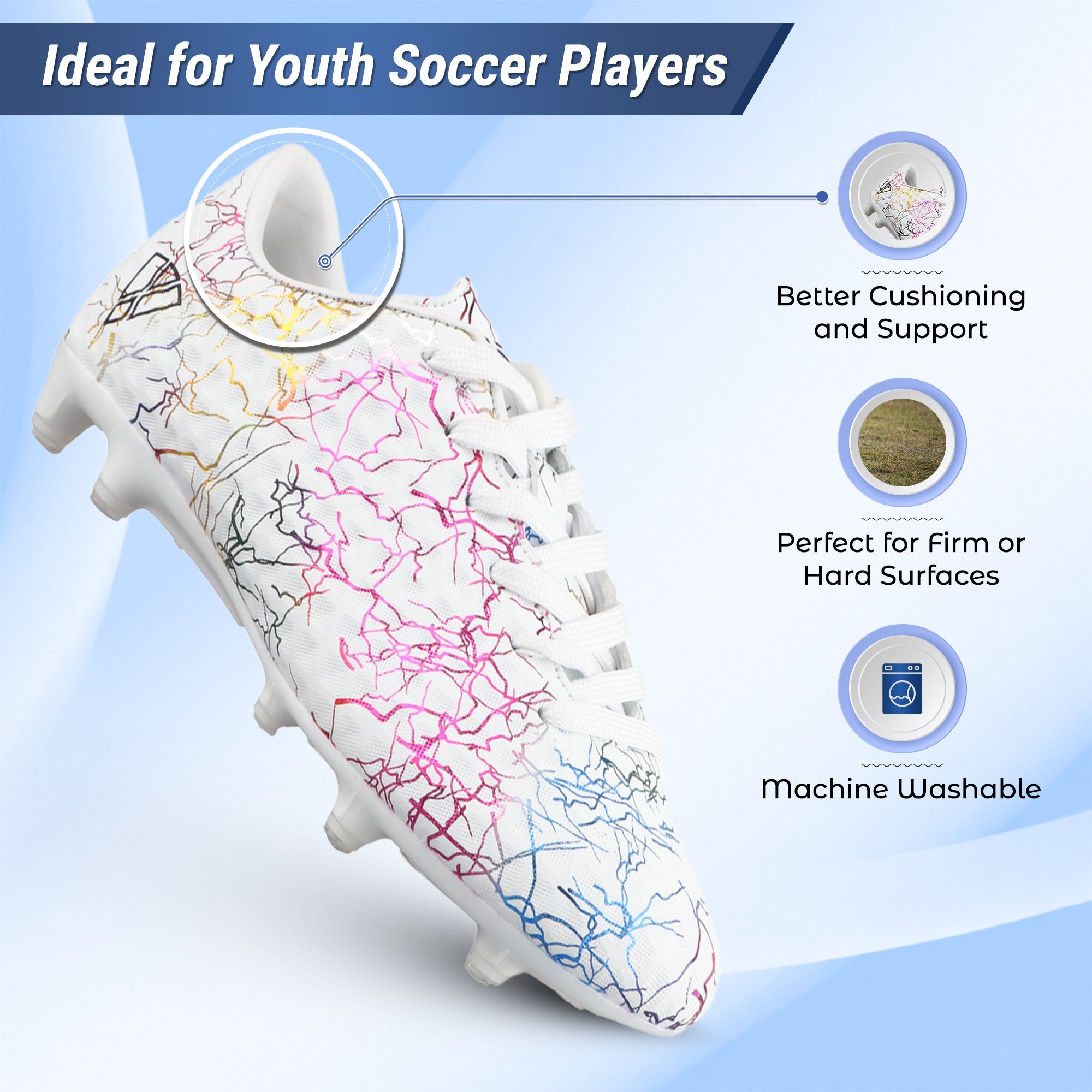 Vizari Zodiac JR Kids Firm Ground (FG) Soccer Cleats – White, Youth Sizes 8C–6Y