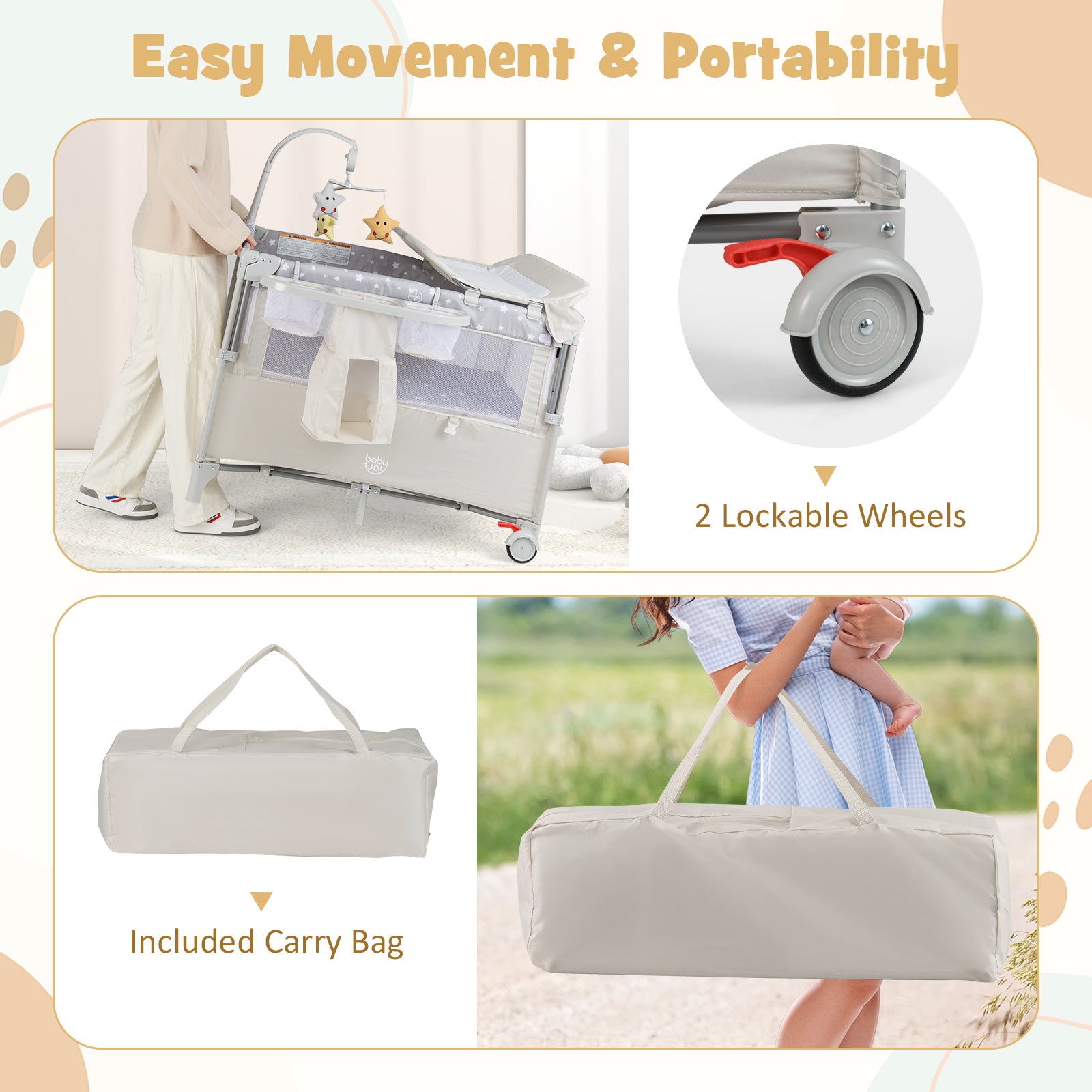5-in-1  Portable Baby Beside Sleeper Bassinet Crib Playard with Diaper Changer-Beige