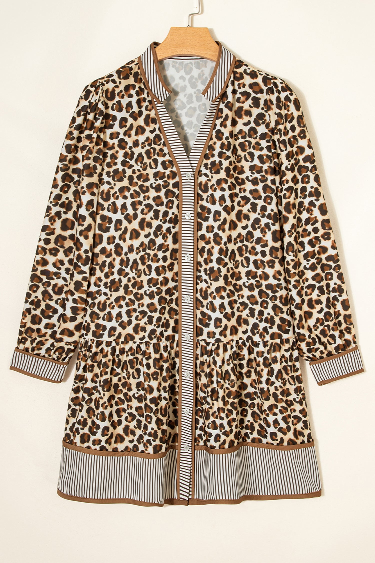Brown Leopard Print Striped Patchwork 3/4 Sleeve Loose Mini Dress