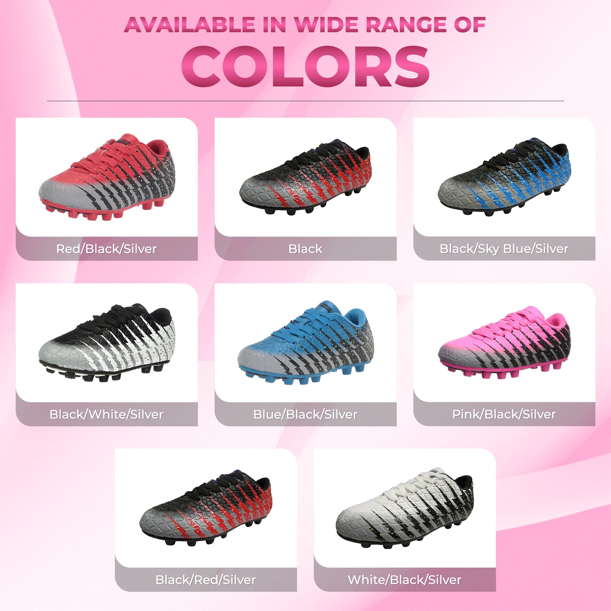 Bolt Kids Firm Ground Soccer Cleats – Pink/Black/Silver