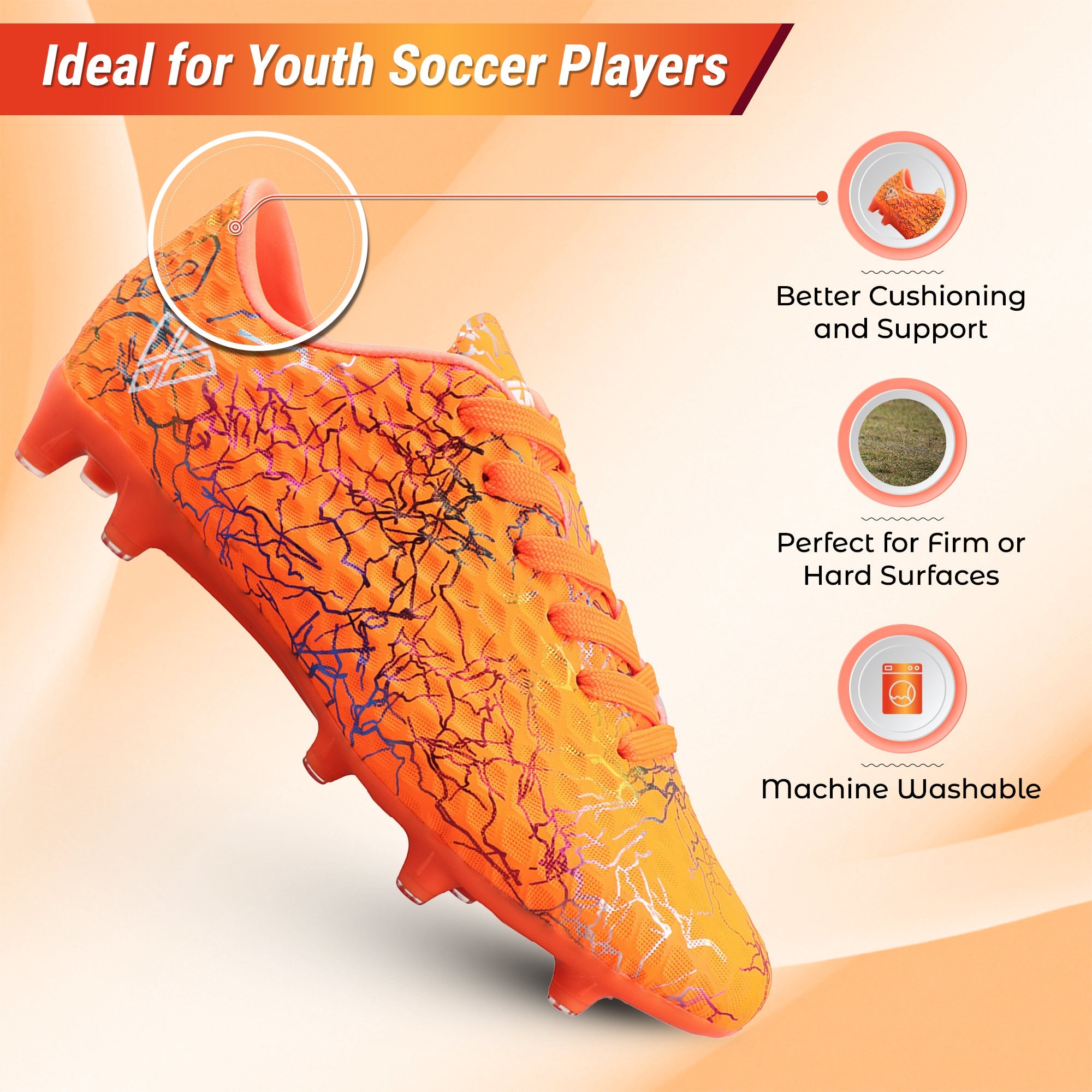 Vizari Zodiac JR Kids Firm Ground (FG) Soccer Cleats – Orange, Youth Sizes 8C–6Y