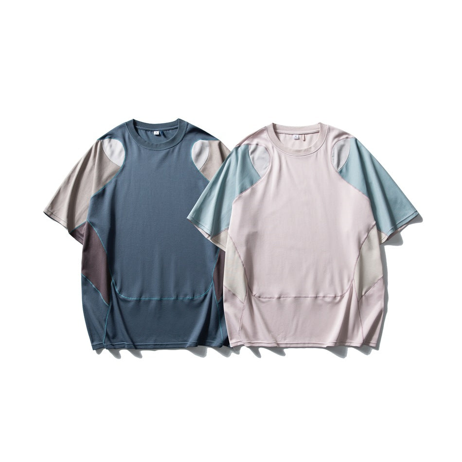 Men's Patchwork Contrast Color Sports T-shirt Loose Short Sleeve