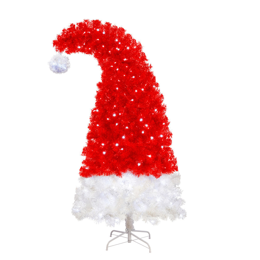 6 FT Santa Hat Shaped Christmas Tree | Pre-Lit Whimsical Curved Xmas Tree with 300 Cool White LEDs & 1050 PET Tips — Red & White