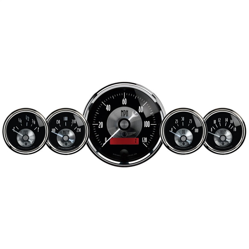 AutoMeter Gauge Kit 5 Pc 3-3/8in. & 2-1/16in. Elec Speedo W/Lcd Odo Prestige Blk. Diamond 2001