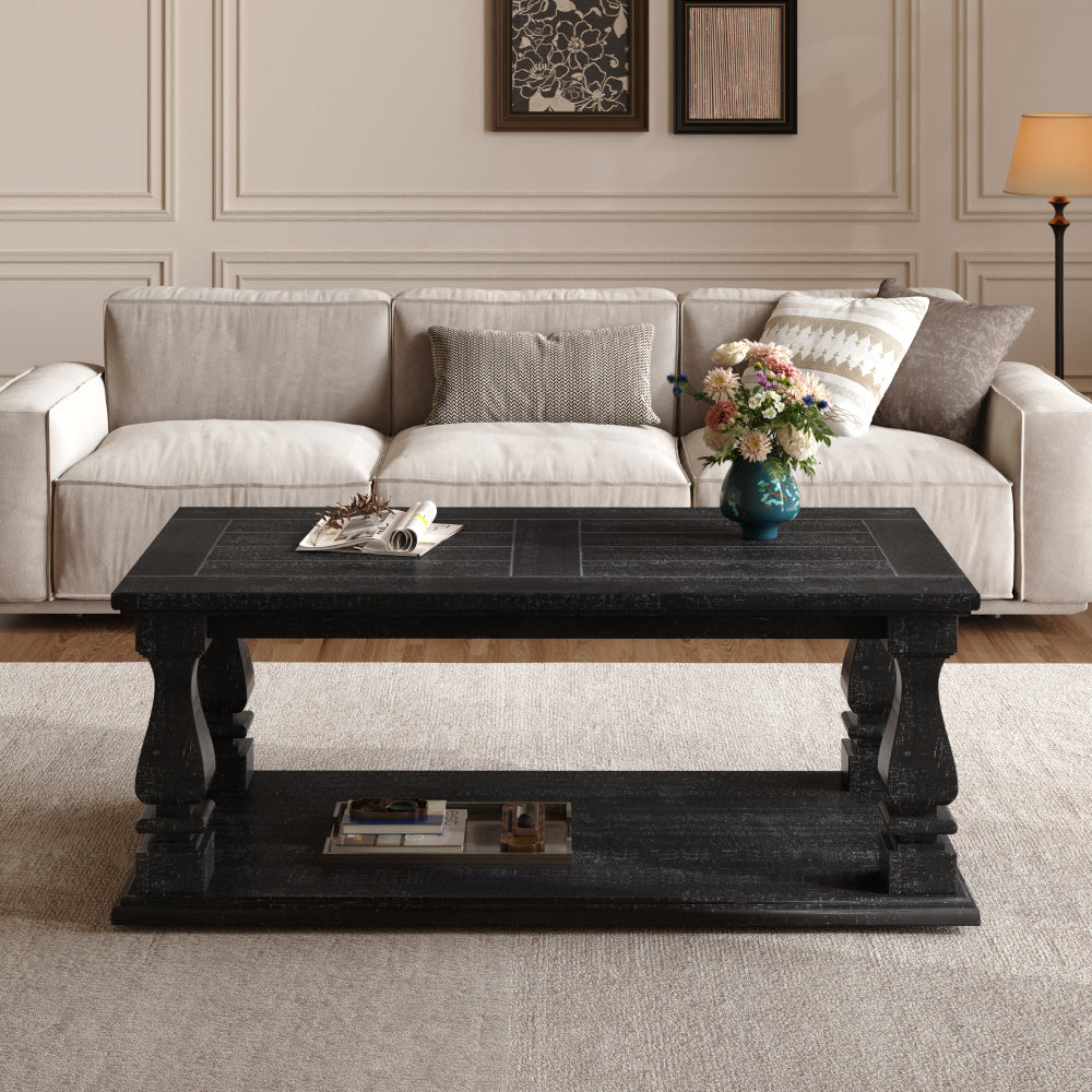 Farmhouse Coffee Table with Storage Shelf 47" Rustic Solid Wood Planked Top & Square Baluster Legs