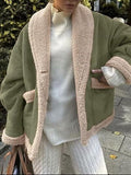 Fuzzy Collared Neck Long Sleeve Jacket with Buttoned Closure and Cozy Pockets