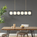 6-Light Industrial Linear Chandelier – Frosted Glass Globe & Antique Brass | Dining Room & Kitchen Island