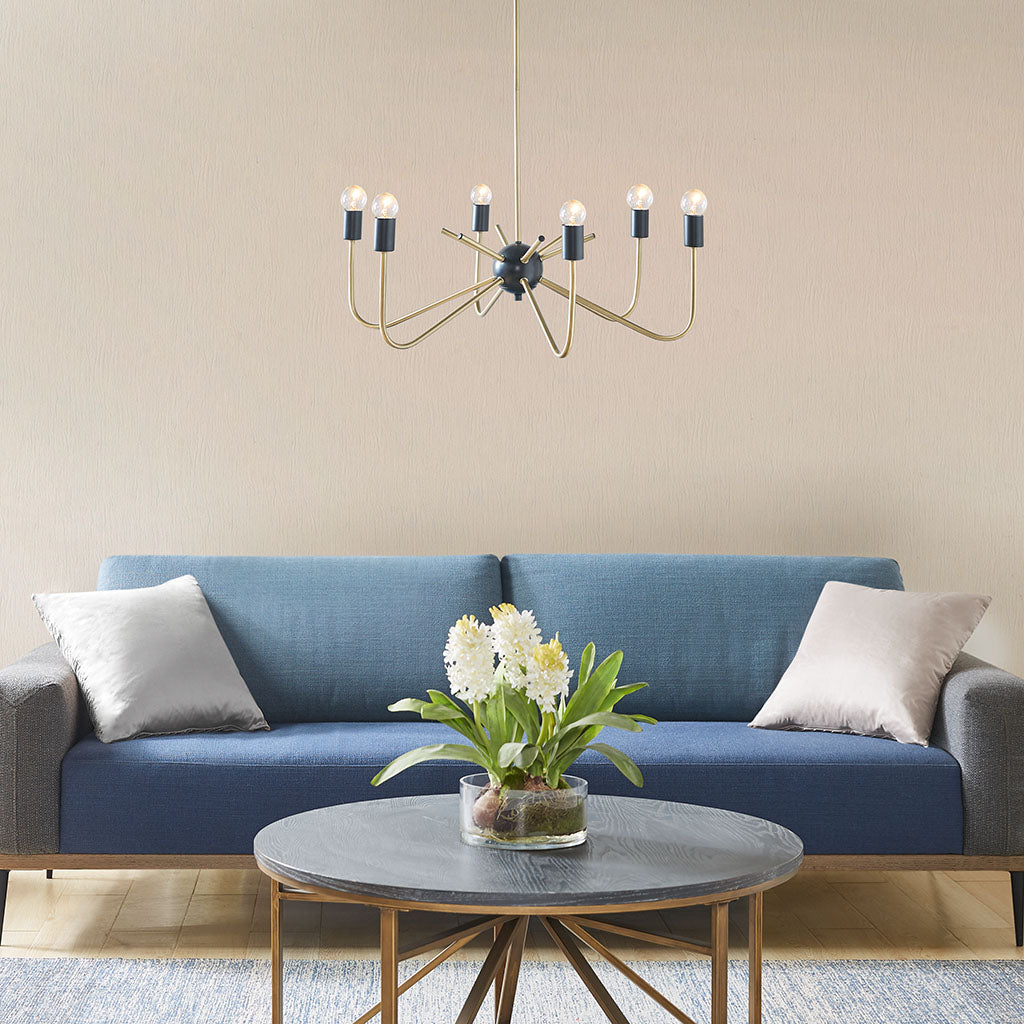 6-Light Antique Brass & Black Chandelier | Modern Two-Tone Ceiling Light with Upright Angular Arms — Adjustable 19"–49", Dining Room & Kitchen