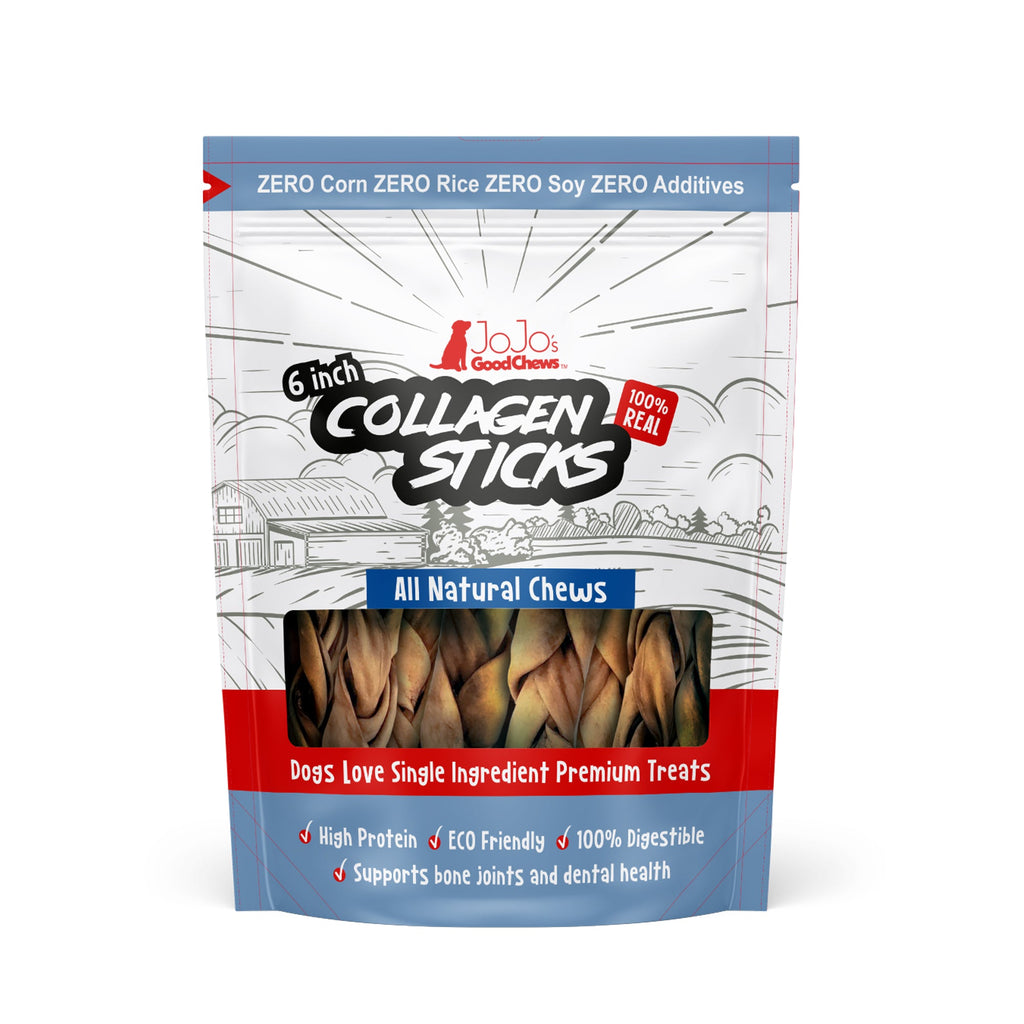 All-Natural Braided Collagen Stick Dog Treats, Supports Joint, Skin & Coat Health – 6-Inch Standard (4-Pack)