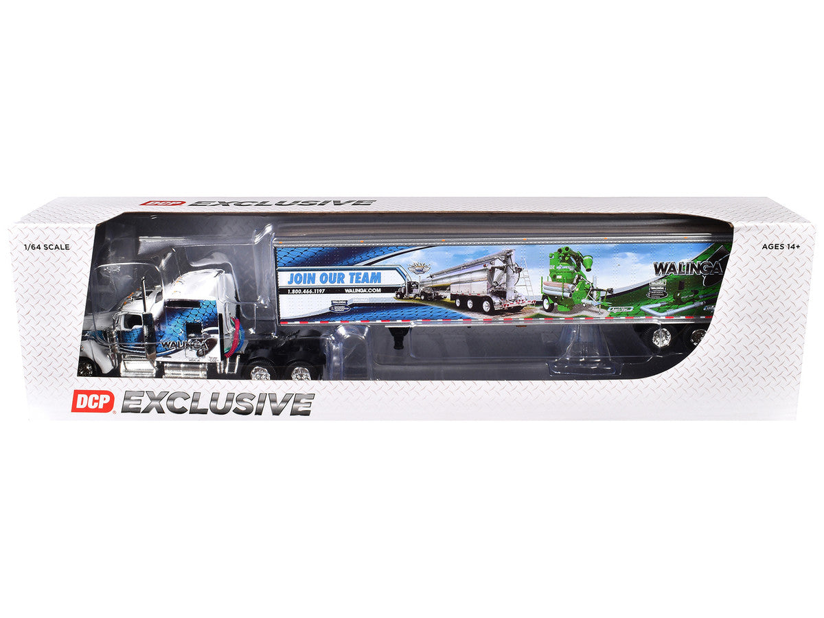 Kenworth W900L with 86" Studio Sleeper and 53' Utility Trailer with Skirts "Walinga" White with Blue Graphics 1/64 Diecast Model by DCP/First Gear