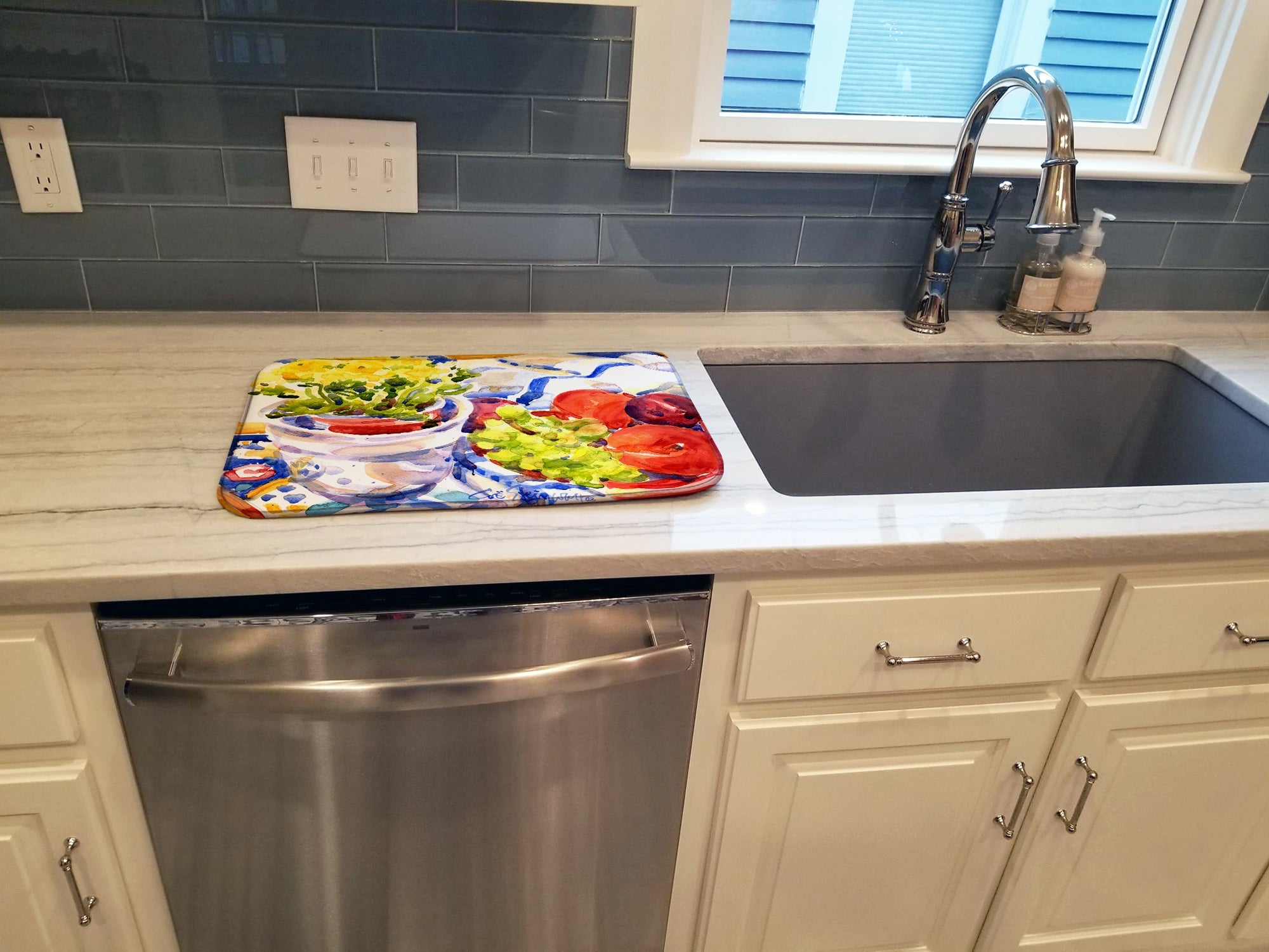 Apples, Plums and Grapes with Flowers Dish Drying Mat Absorbent Dish Drying Mat Pad for Kitchen Counter Dish Drainer Mat for Countertop, 14 x 21", Multicolor