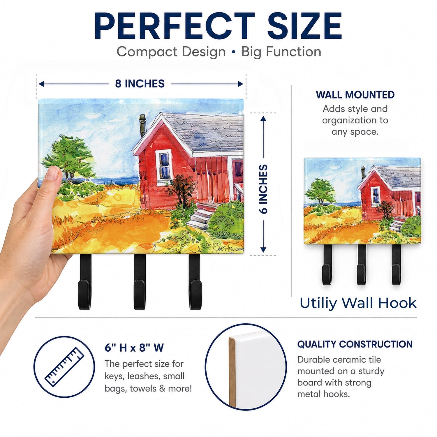 Old Red Cottage House at the lake or Beach Leash or Key Holder Wall Hooks, Coat Rack Wall Mount, for Hanging Keys, Towels, Aprons, Leashes