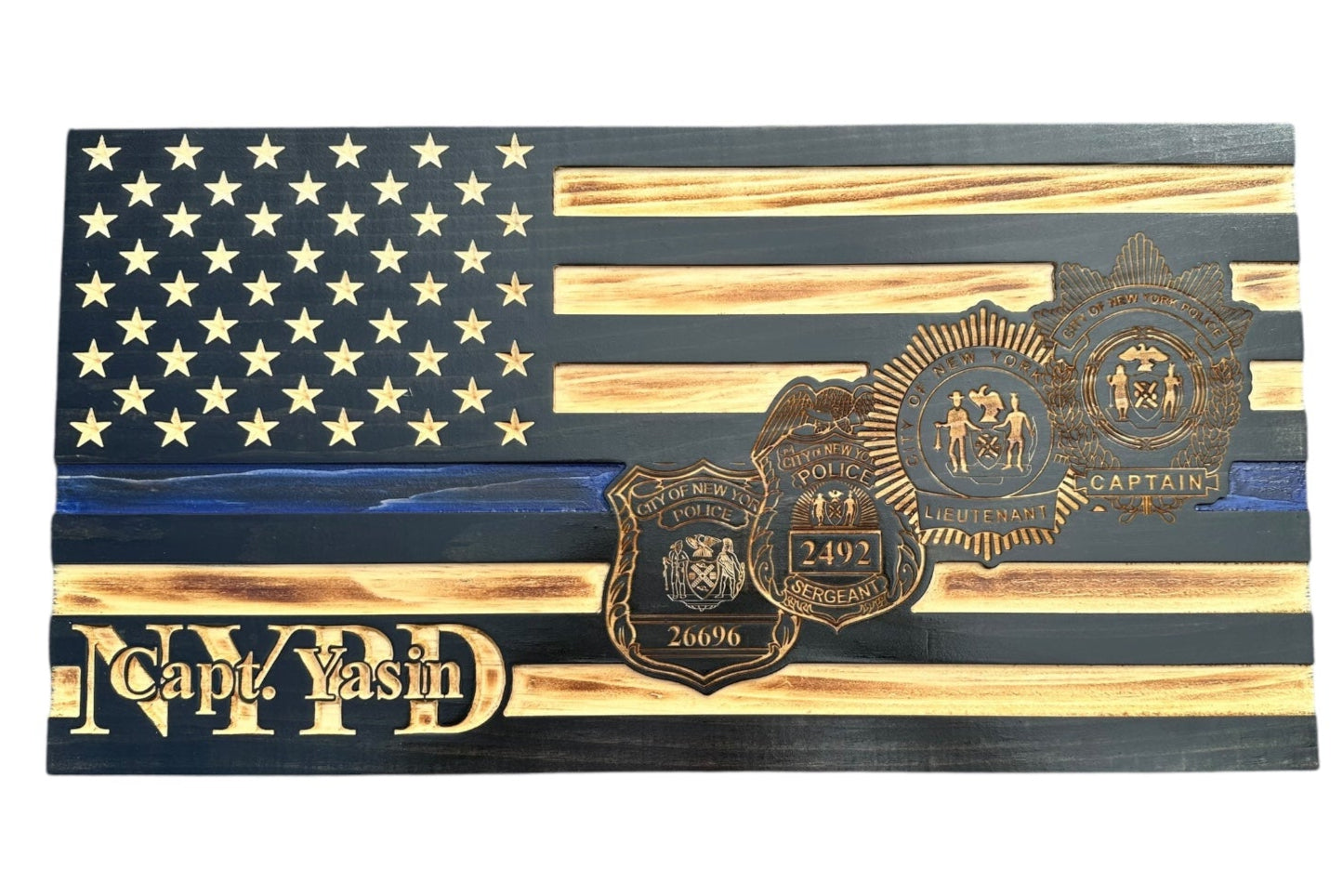 Custom Thin Blue Line Wooden Flag with Engraved Police Badge