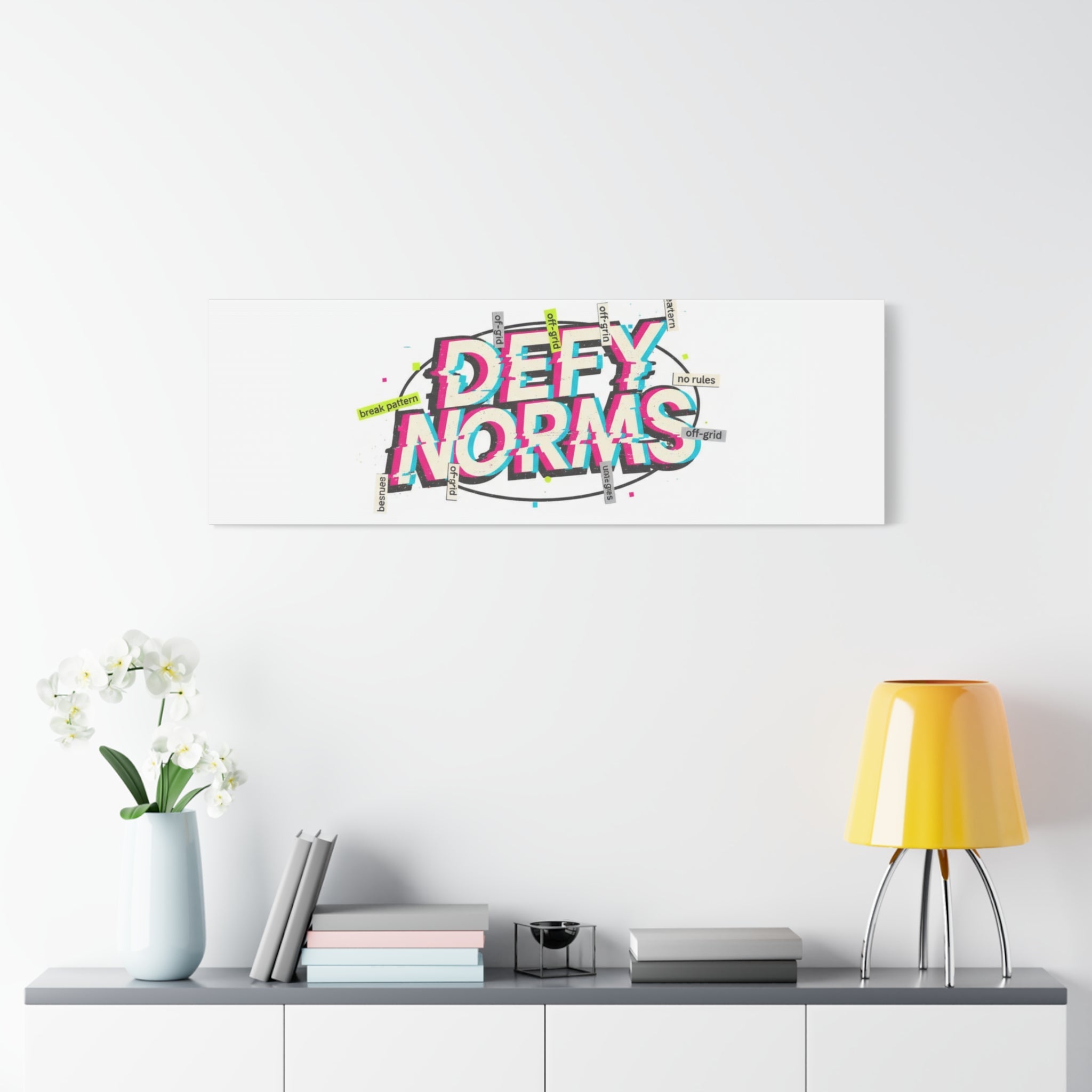 Defy Norms Canvas, Anti-Aesthetic Glitch Typography, Brutalist Poster Style