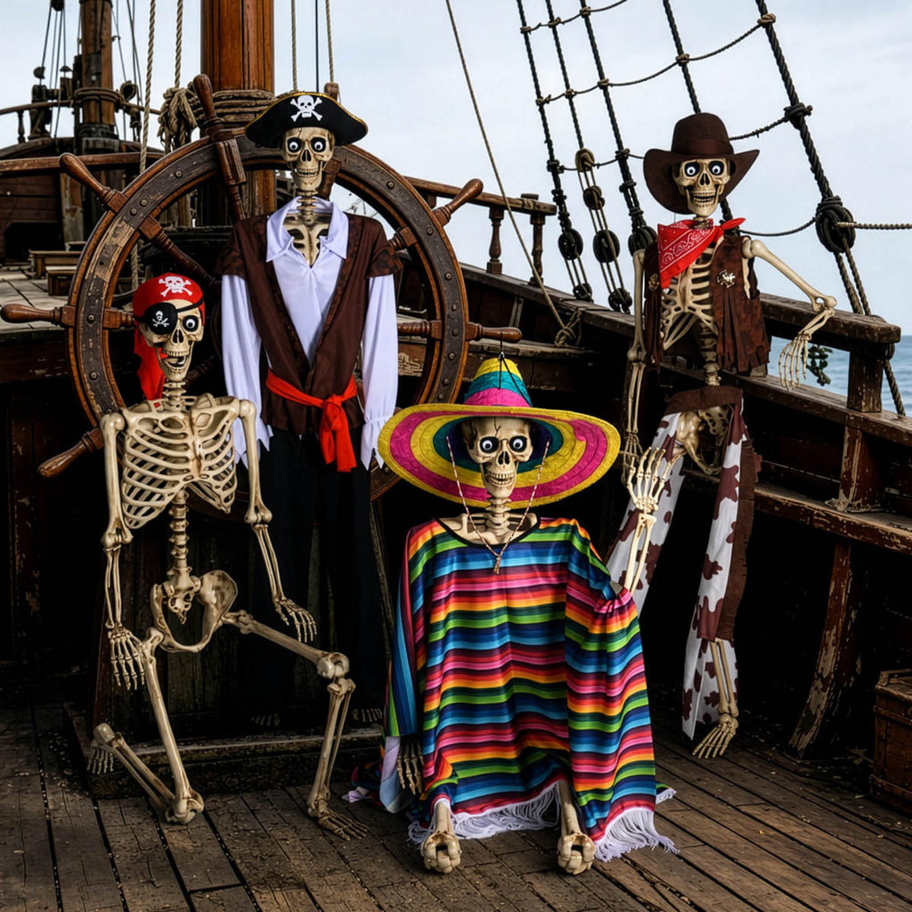 Yescom 5.6ft Skeleton Posable Halloween Decoration with Pirate, Cowboy, Day of Dead Costume