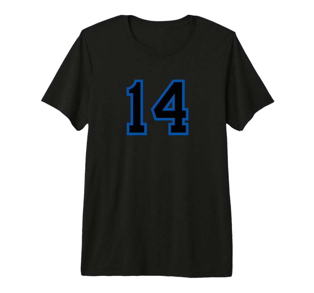 Blue Black Sport Team Number 14 Tri T-Shirt - Minimalist Print for Adults