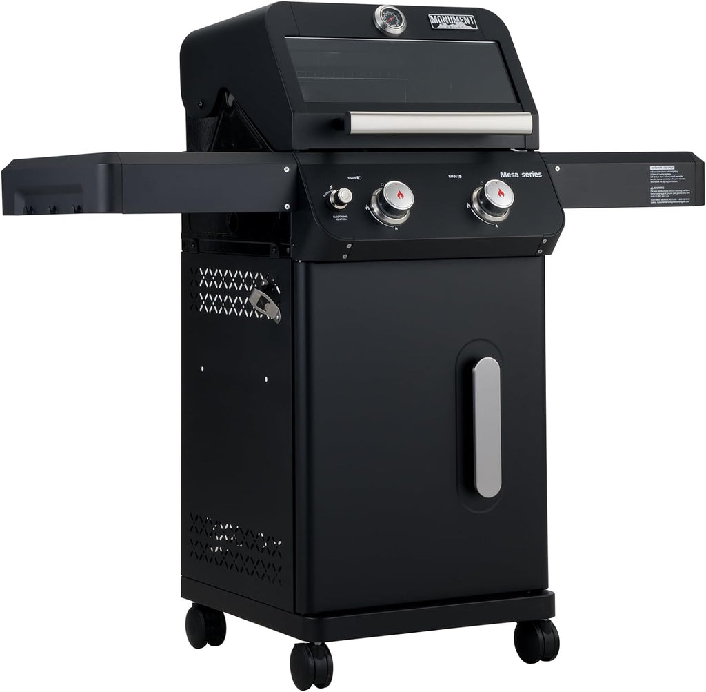 Monument Grills 2-Burner Stainless Steel Liquid Propane Gas Grill, Two Foldable Shelves Patio Garden Barbecue Grill with Clearview® Lid, Knob Control Mesa220, Black
