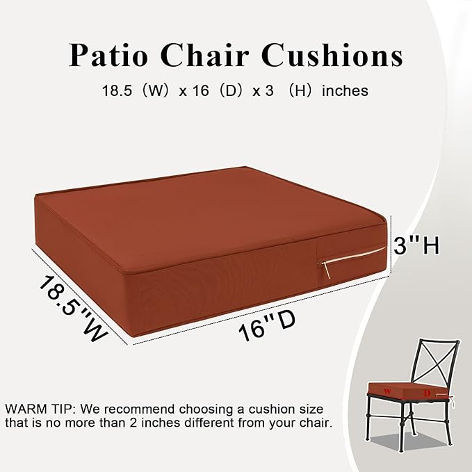 Outdoor Chair Cushions Set of 2 for Patio Furniture 18.5x16x3 Inch Waterproof Patio Chair Cushion 3 Year Color Fastness Rectangle Elastic Foam Garden Couch Pads with Ties and Handle,Spice