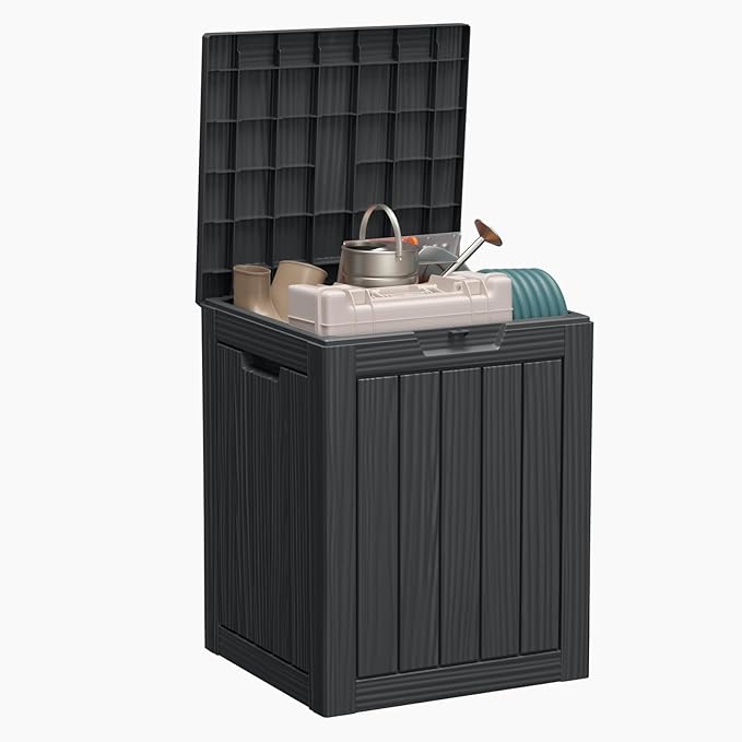 28 Gallon Outdoor Deck Box,Storage Lockable Waterproof Patio Furniture,Garden Tools,Cushions,Pool Accessories Outside Storage Resin Box(SM Black)