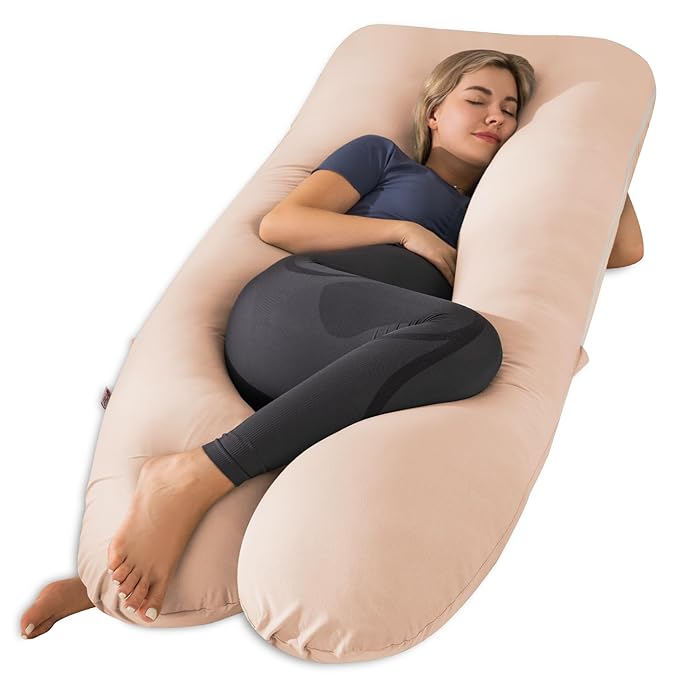 Meiz Pregnancy Pillows, Pregnancy Pillows for Sleeping Cooling, U Shaped Full Body Pillow for Adult, Rayon Cover from Bamboo, Light Apricot