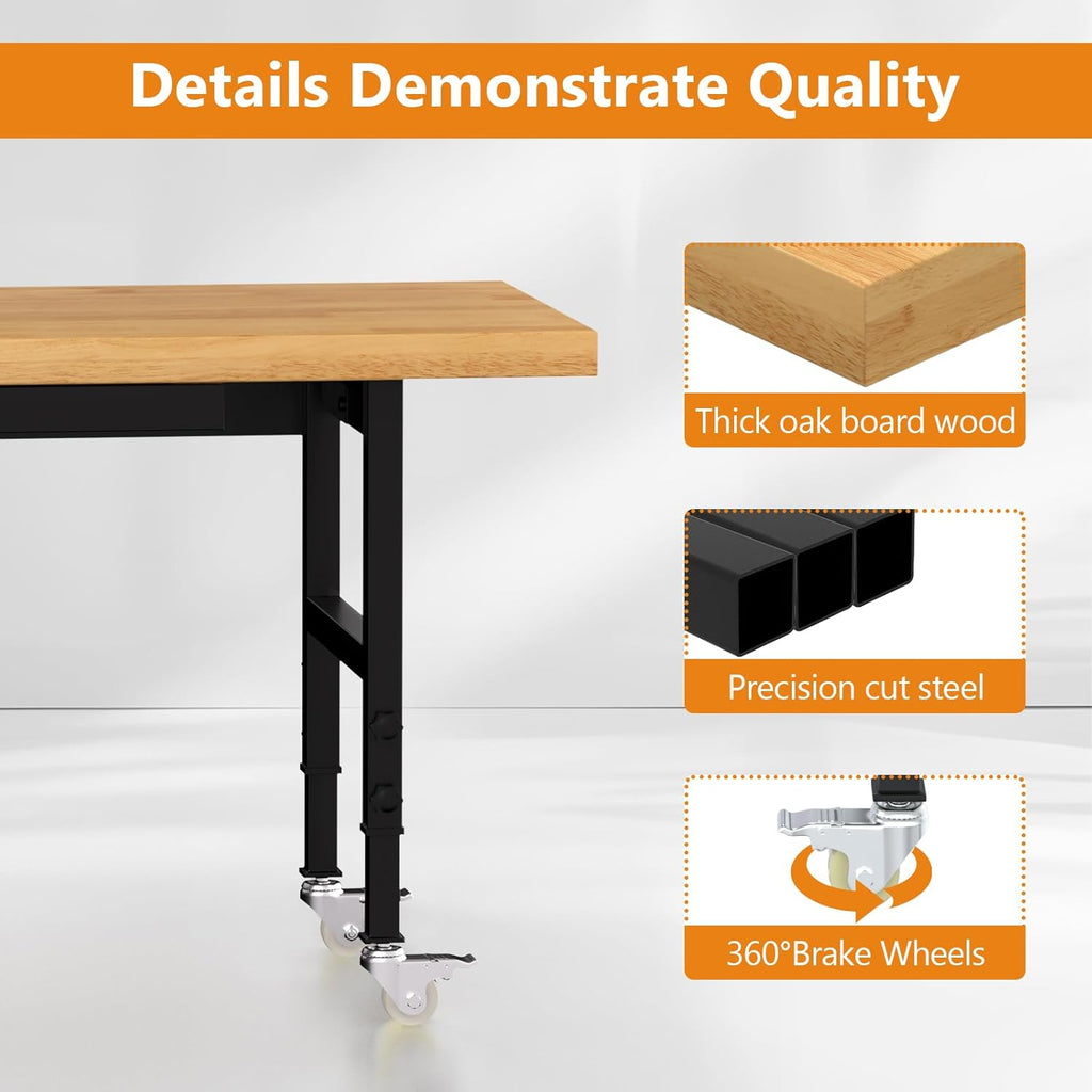 Solid Wood 60" Work Bench with Wheels, Heavy-Duty Workbench with Drawers, Adjustable Height Work Table with Power Outlets, 2000 LBS Capacity Workstation for Garage, Workshop(60" X 24")