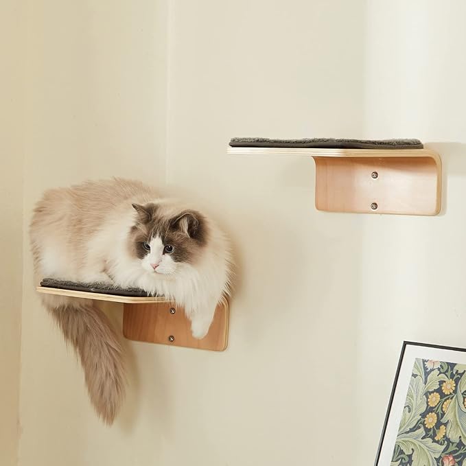 2 Set Cat Wall Steps - Wooden Cat Climbing Shelf for Wall - Cats Wall Stairs with Scratching Mat - Wall Mounted Cats Furniture for Jumping, Playing, and Lounging