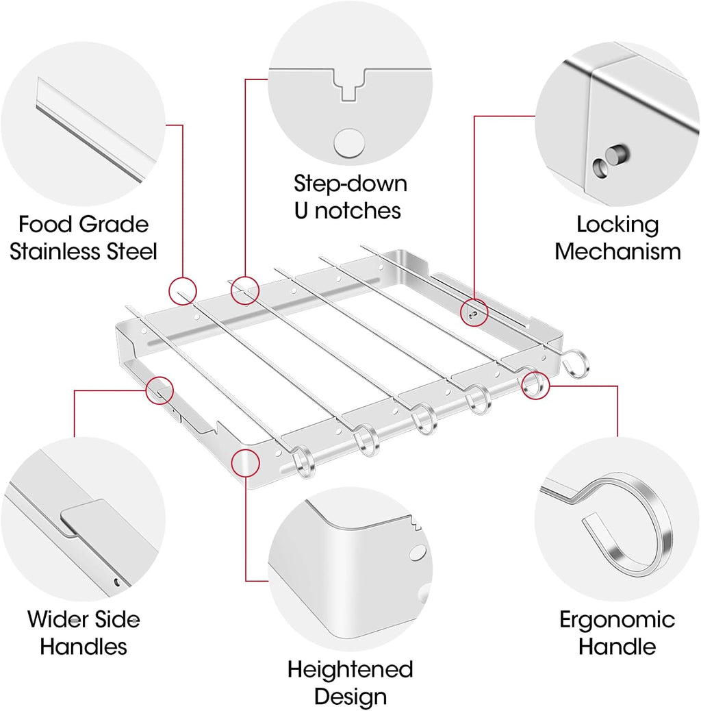 Unicook Upgraded Stainless Steel BBQ Shish Kabob Set, Large Foldable Grill Rack with 6pcs 13.5"L Barbecue Skewer, Keeps Kabobs from Sticking to the Grill Grate, 30pcs Bamboo Skewers as Bonus