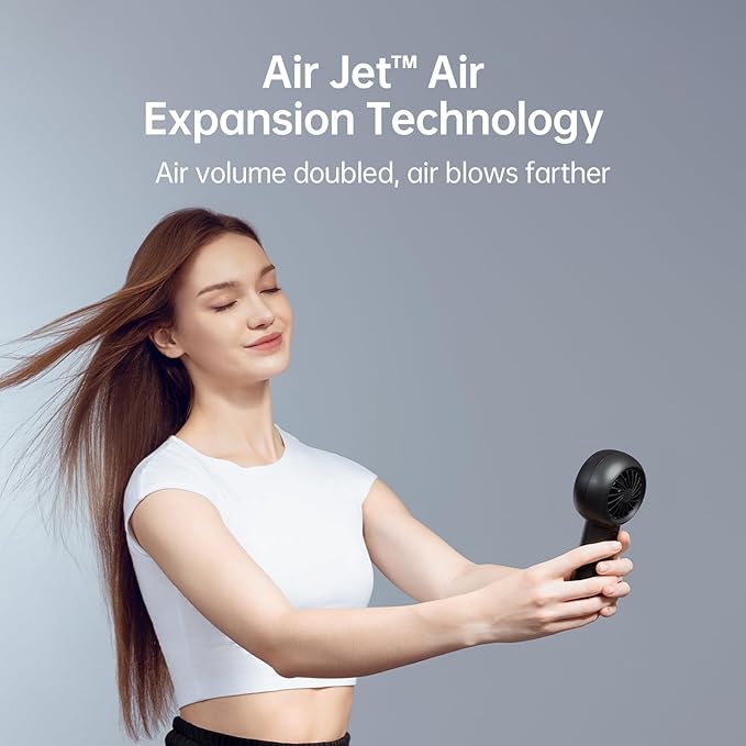 JISULIFE Portable Handheld Turbo Fan [18H Max Cooling Time], 6000mAh USB Rechargeable Personal Battery Operated Lash Small Pocket Fan with 5 Speeds for Travel/Outdoor/Vacation/Concerts- Black