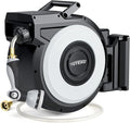 Tuyeho Retractable Garden Hose Reel 130 FT, Wall Mount Heavy Duty Water Hose Reels with Automatic Slow Rewind System, Outdoor Hoses Reel with 2 Hose Nozzles for Garden Watering, Car Wash, Pet Shower