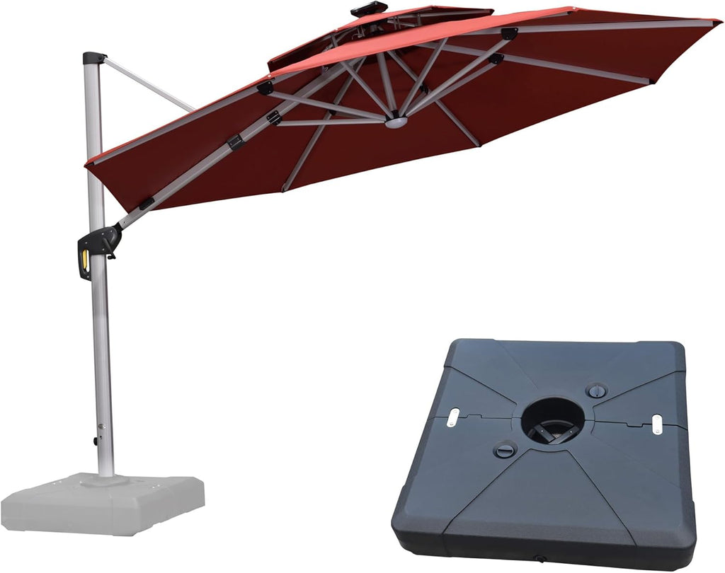 PURPLE LEAF 11ft Patio Umbrella With Base Solar powered LED Cantilever Umbrella with LED lights Windproof Outdoor Offset Umbrella for Garden Deck Pool Patio, Brick Red