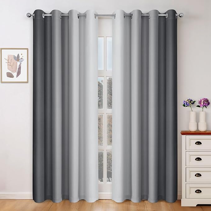 HOMEIDEAS Gray Grey Ombre Blackout Curtains, 52 X 84 Inch Length Gradient Color Room Darkening Curtains with Grommet Thermal Insulated Window Drapes for Living Room, Bedroom, 2 Panels