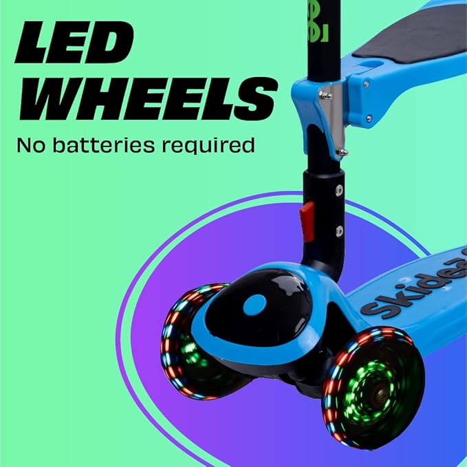 SKIDEE Kick Scooters for Kids Ages 3-5, Adjustable Height Foldable Scooter with Removable Seat, 3 LED Light Wheels, Rear Brake, Wide Standing Board, Suitable Up to 12 Year Old Boys/Girls