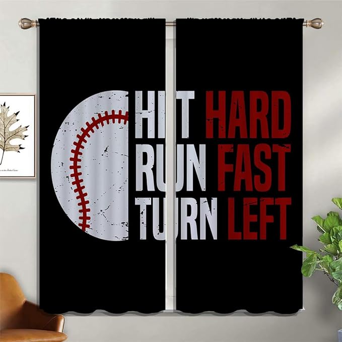 Baseball Blackout Curtains for Boy Girl Room Darkening Decor,Sport Theme Red and White Motto Dark Bedroom Living Room Home Rod Pocket Thermal Insulated Window Curtain/Drapes Panel,84x63 Inch…