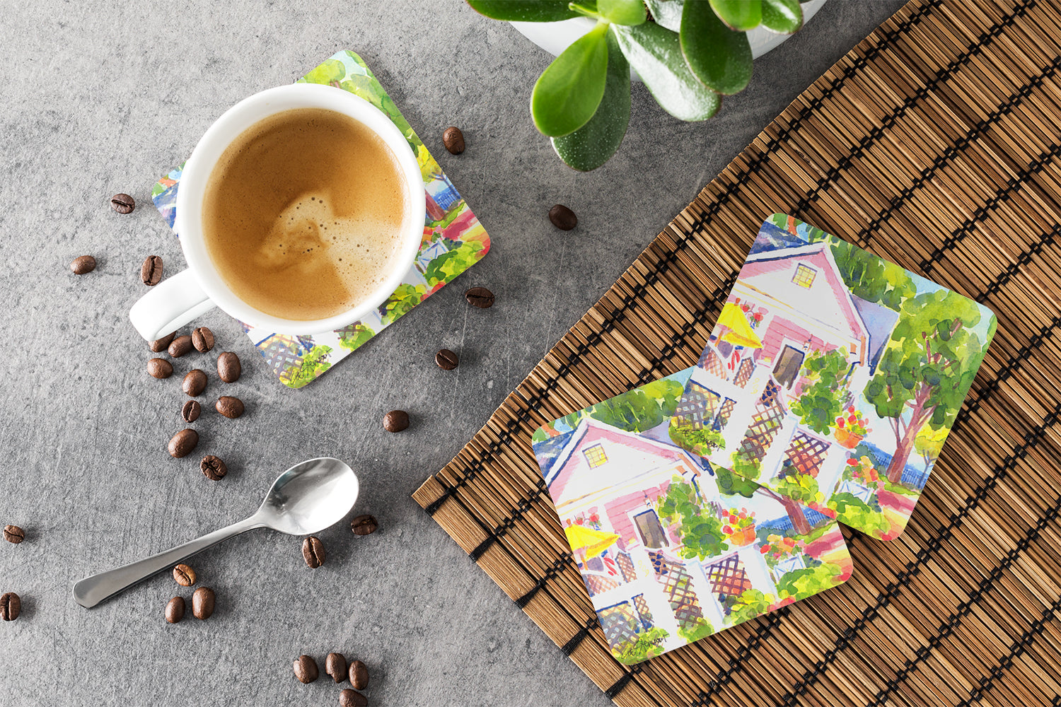 White Cottage at the beach Foam Coasters Set of 4 Cup Coasters for Indoor Outdoor, Tabletop Protection, Anti Slip, Mouse pad Material