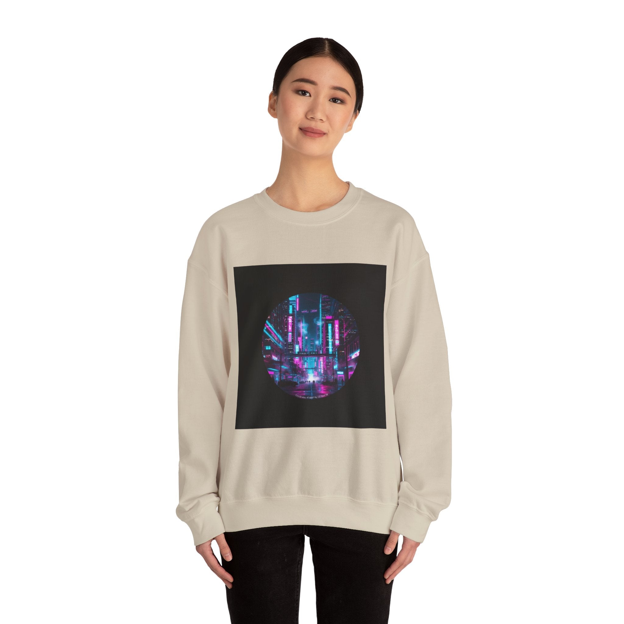 Neon Cyberpunk Skyline Sweatshirt | synthwave cityscape, future city art
