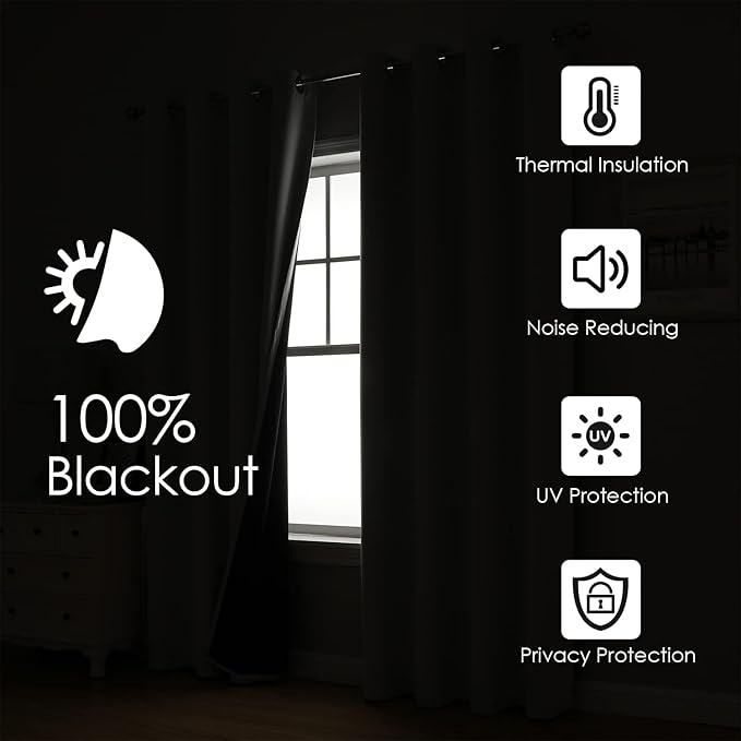 ChrisDowa White 100% Blackout Curtains for Bedroom with Black Liner, 2 Thick Layers Total Blackout Thermal Insulated Grommet Window Curtains 2 Panels Set (Pure White, 52 x 84 Inch)
