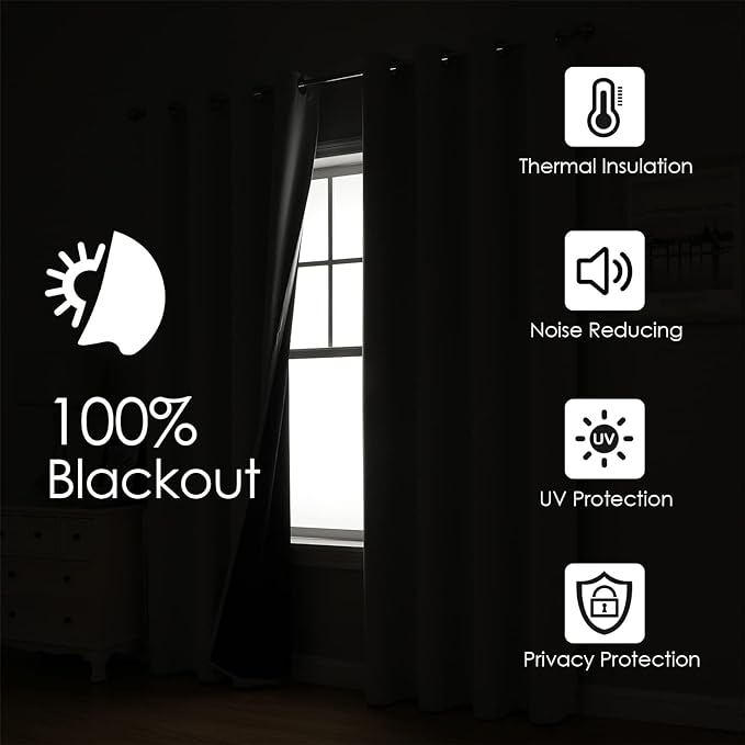 ChrisDowa 100% Blackout Curtains 63 inch Long for Bedroom with Black Liner, Extra Wide 2 Thick Layers Total Blackout Thermal Insulated Grommet Window Curtains 2 Panels Set (Beige, 60 x 63 Inch)