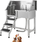 Stainless Steel Dog Washing Station - Dog Bath Tub for Large, Medium, Small Dogs, Pet Grooming Tub with Ramp, Non-Slip Grate, Shower, Soap Box, Faucet, Drain for Home & Outdoor （Left RAMP, 50"）