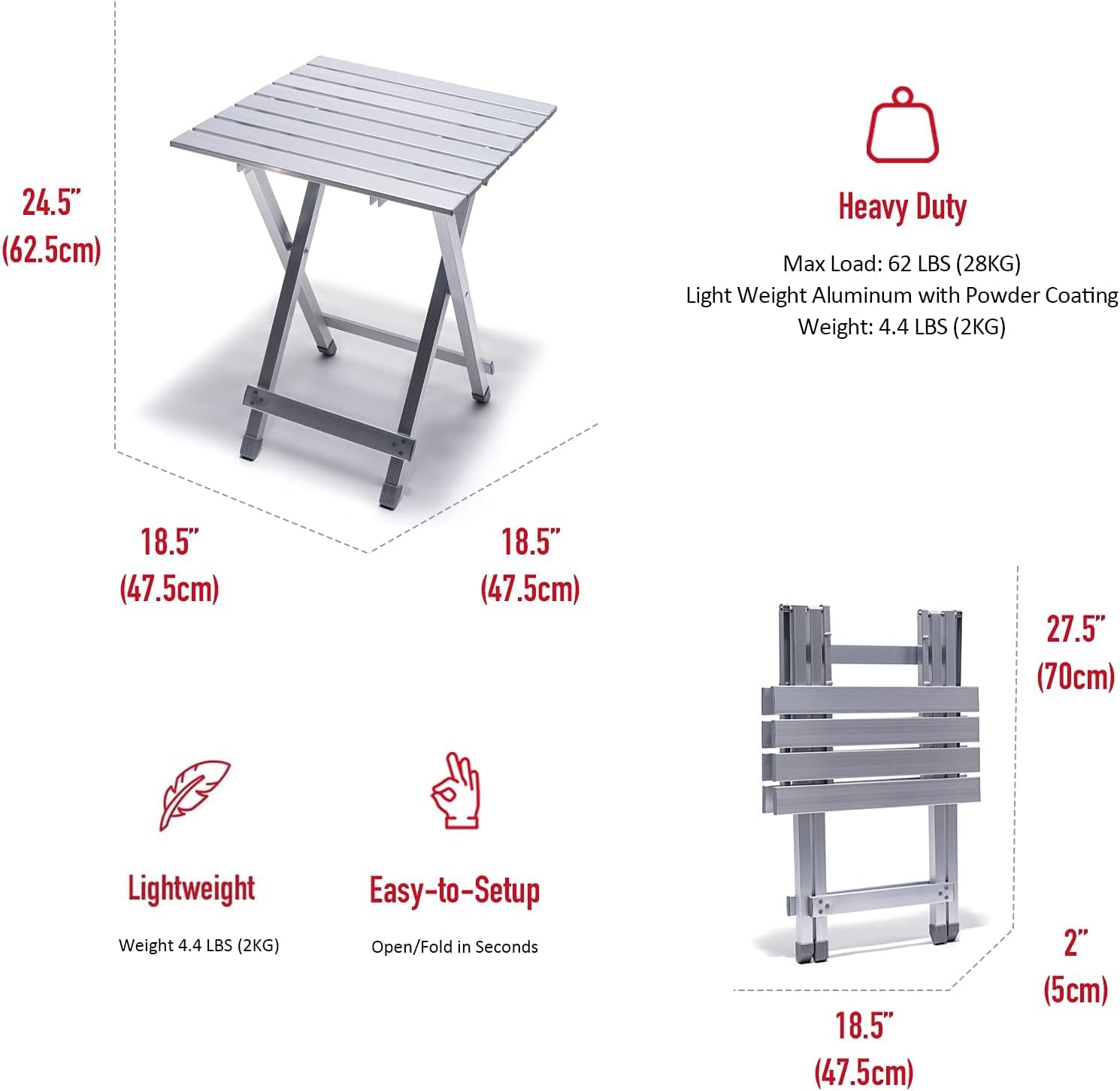 SUNNYFEEL Folding Camping Table - Lightweight Aluminum Portable Picnic Table, 18.5x18.5x24.5 Inch for Cooking, Beach, Hiking, Travel, Fishing, BBQ, Indoor Outdoor Small Foldable Camp Tables
