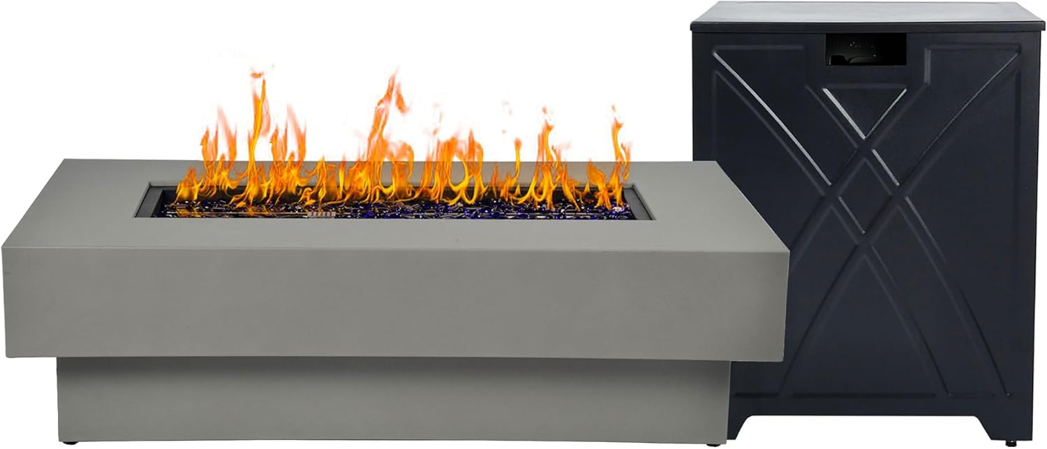 48-inch Fire Table with 20lb Propane Tank Cover, 50,000BTU Outdoor Modern Patio Fire Pit Table w/Rectangular Burner Lid, Glass Rocks, Pre-Attached 10ft External Gas Hose