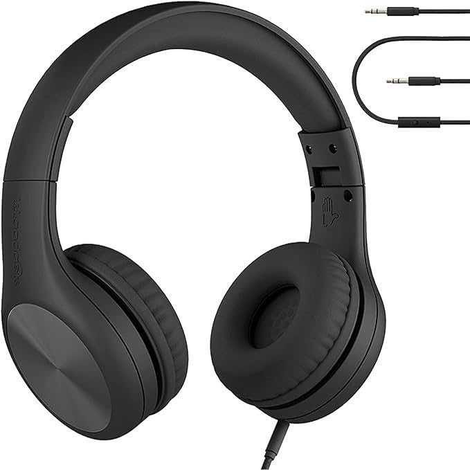 LilGadgets Connect+ Pro Wired Kids Headphones for School w/Microphone, Volume Limiting & Noise Reduction Over-Ear Headset w/Cord, SharePort Technology & SoftTouch Padding, Black Headphones for Kids