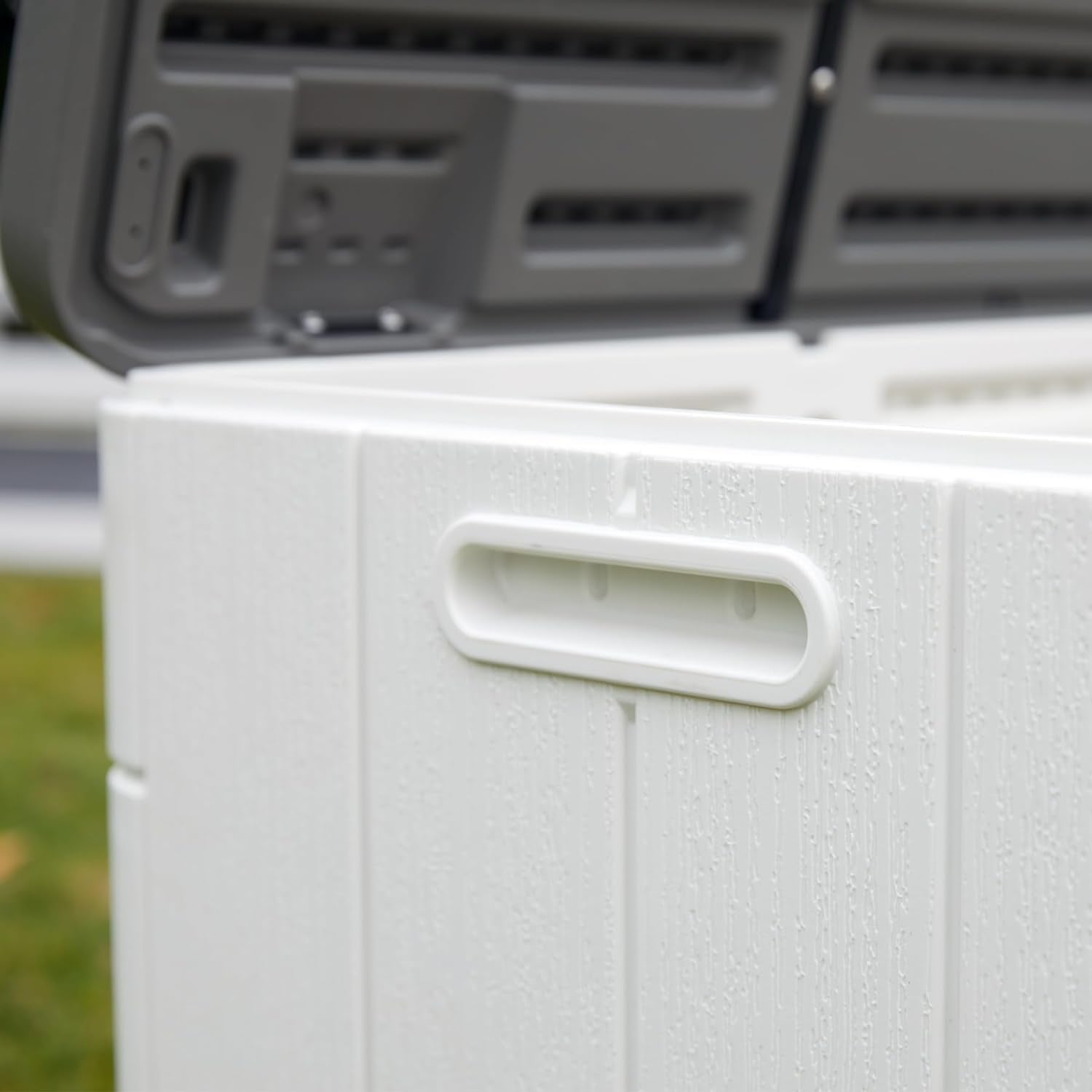 100 GAL Resin Deck Box - Lockable Waterproof Outdoor Storage Bench for Patio Cushions, Garden Tools & Pool Accessories - Wood-Look Texture, White